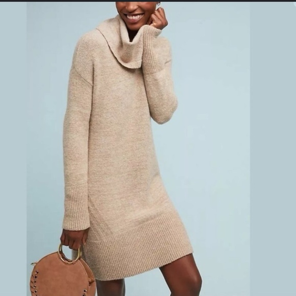 Anthropologie Beige Cowl Neck Knit Sweater Dress XS Cozy Fall Tunic